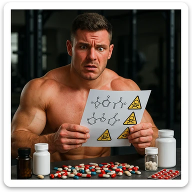 realistic muscular young man consulting molecule list with warning symbols, surrounded by pills and bottles, confused expression, red skin, gym background, 4K quality sticker