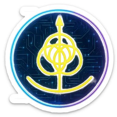 Re-imagine this specific icon in a cyberpunk, holographic style with glowing neon blue and pink edges, circuit patterns throughout the entire icon, and a transparent background. Maintain the recognizable circular shape and yellow geometric symbol, overlaying neon and circuit effects in the same futuristic, clean style as previous cyberpunk icons. The whole icon should have a consistent cyberpunk glow and intricate circuit details. sticker