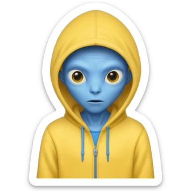 generate a blue alien wearing a yellow hoodie sticker