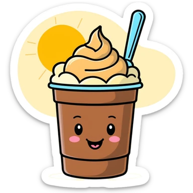 A chocolate peanut butter tub of ice cream that’s extremely happy and has sunshine above it and a banner good girl sticker