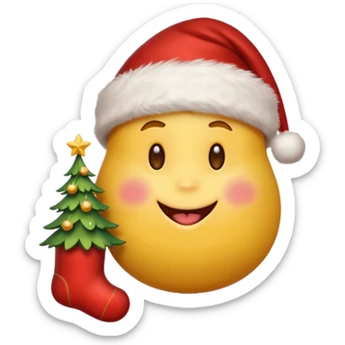 D cute yellow emoji face wearing a Santa hat, with a happy soft expression. Replace the hearts with festive Christmas elements: a Christmas tree, stocking, snowflake, and other holiday icons. sticker