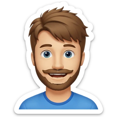 25 year old man, short scruffy beard and sparse moustache, brown puffy mullet, blue eyes, big smile, white teeth, big lips, pronounced jaw, hair longer in back, sticking up on top sticker