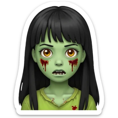 Zombie emoji girl, light green skin, black long hair with bangs sticker