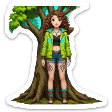 full body view of a woman with long curly brown hair, brown eyes, white skin, tattoos, leaning against a tree covered in neon runes, open forest jacket, flirty confident stance sticker