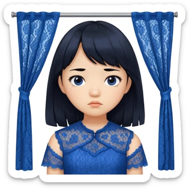 Long hair asian girl with curtain bangs with a blue lace top on with sad expression sticker