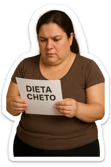 donna realistica leggermente in sovrappeso che legge un foglio con la scritta "dieta Cheto", sfondo bianco, iperrealistica 4k, IPERREALISTICA 4K sticker
