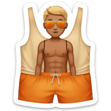 sunbrun eventho person used sunscreen - a parson in beach shorts, but with a sunburn and outline of a tanktop sticker