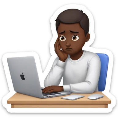 Create an emoji of a tired, frustrated entrepreneur sitting at a laptop. The character has dark circles under their eyes, looks exhausted, and has a disappointed or stressed expression. Their posture is slouched, and they seem stuck or overwhelmed, representing someone struggling to grow their business. Keep the design simple and expressive. sticker