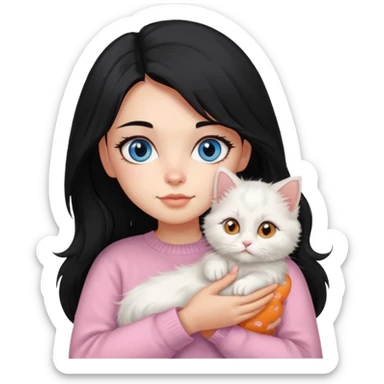 Girl with mid long black hair in soft pink sweater holding A 2-month-old Persian-Angora mix kitten with blue eyes and mostly orange fur with white patches cat sticker