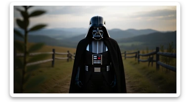 A portrait of a Darth vader in the foreground, blurred plants in the foreground (close to the camera), a wooden fence in the midground, rolling hills in the background, cinematic depth of field, layered composition, natural lighting sticker