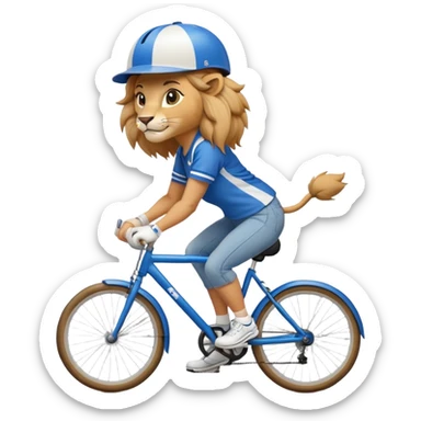 friendly anthropomorphised female lion wearing a baseball shirt, jeans, trainers, and a cycling helmet, cycling a bike sticker