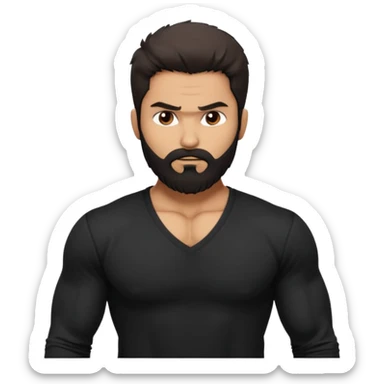 generate a pretty bratz Shahid kapoor with heavy beard and looking angry.
Make him wear a black full sleeve v neck tshirt. muscular but still lean
He shoudl look like shahid kapoor sticker