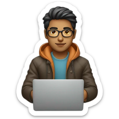 young indian cool designer working on laptop sticker