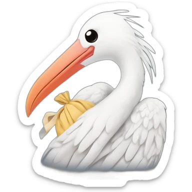 A big white stork carrying a bundle of cloth in its beak that has a cute white skinned baby face peeking out from it with black head sticker
