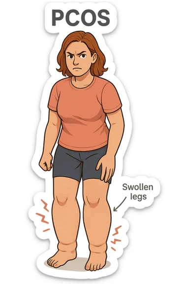 vertical format medical educational illustration of a woman with PCOS with a determined expression, showing struggle with swollen legs, no background sticker