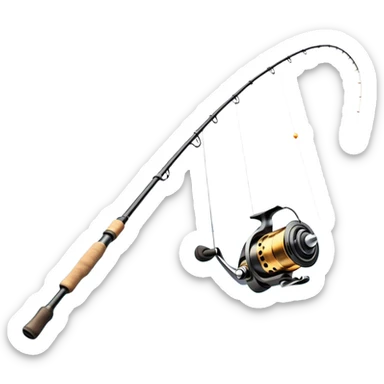 Cinematic Realistic Fishing Rod, sleek graphite rod with a smooth, polished reel, thin line disappearing into a shimmering lake, warm golden sunlight reflecting off the water, glowing with a tranquil and adventurous aura. sticker