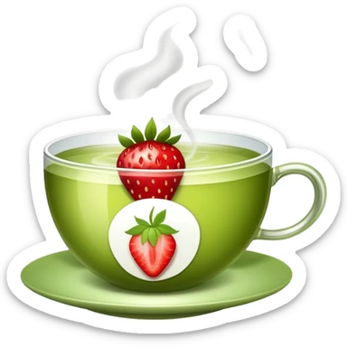 cup of green tea with a strawberry garnish sticker