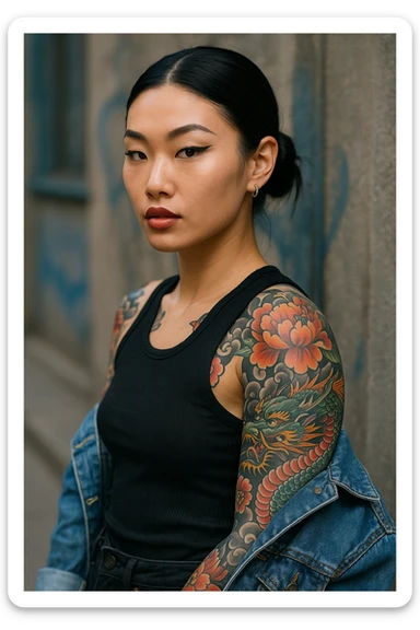 tattooed asian woman with floral and dragon tattoos, cool attitude sticker