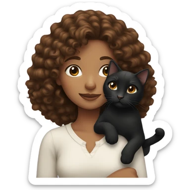 Girl with brown curly hair holding a black cat sticker
