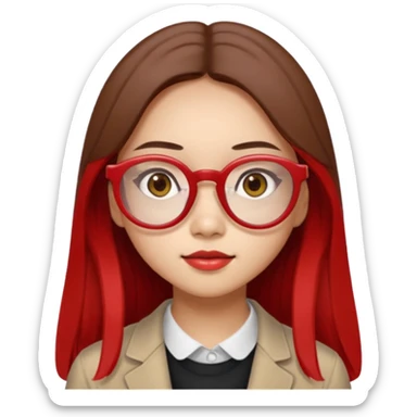 20 yr old asian woman, straight thick long brown hair, middle part, big red glasses, brown eyes sticker