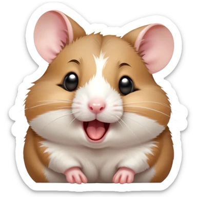 Cinematic Cute Yawning Brown and White Banded Hamster Portrait Emoji, Head tilted slightly with a dramatic, wide-open yawn, revealing a soft, banded fur of brown and white with tiny droopy ears, round dark eyes barely open in drowsy contentment, Simplified yet irresistibly adorable features, highly detailed, glowing with a soft, cozy glow, high shine, relaxed yet expressive, stylized with a touch of whimsy, bright and endearing, soft glowing outline, capturing the essence of a sleepy yet affectionate hamster, so drowsy it feels like it could stretch out of the screen and curl up for a nap! sticker