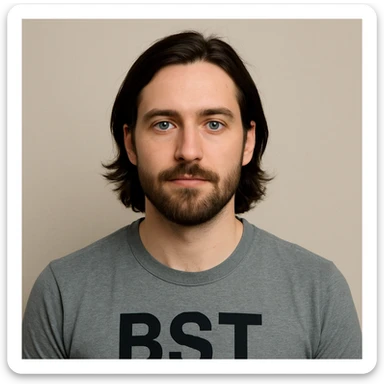 30-year-old Caucasian male avatar, white skin, dark longish hair, blue eyes, upper torso only, shirt has 'BST' written on it sticker