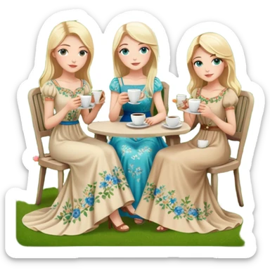 Turkish blonde girl beautiful finish Konya girl blue eyes with Beautiful beige green floral long tail dress and this two friends sit in a lovely garden on the chair on the ground and holds cup coffe with her hand  sticker