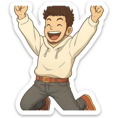 1 male, mid fade haircut dark chestnut brown curly hair, toasted lightskin, white hoodie sleeves up, gray fashion jeans, red fashion-sneakers shoes, red belt, short trimmed beard and goatee,  style of deku from "my hero academia",  doing a pose for a "happy" emote for twitch sticker