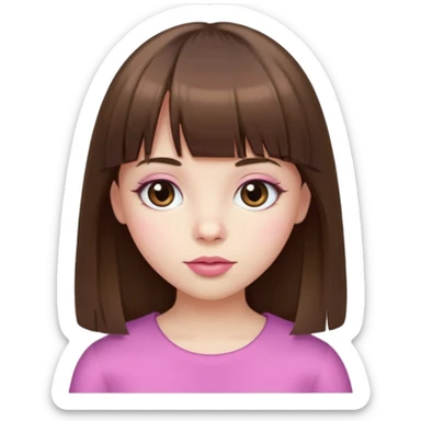 brown straight hair, bangs, big brown eyes, small nose, pale white skin, pink lips sticker