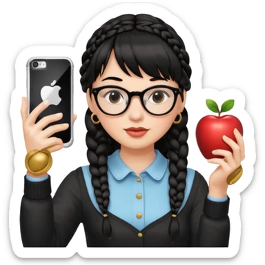 Black hair is braided to one side, braided to the left, and full bangs, wearing horn-rimmed glasses, holding an iPhone white color and taking a mirror selfie so that Apple logo comes out sticker