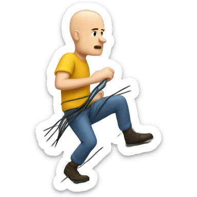 A white man with no hair climbing a mountain in a storm with internet cables in his hand sticker