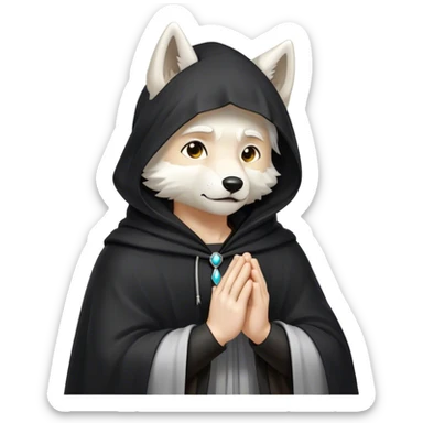 white wolf praying with black hooded cloak sticker