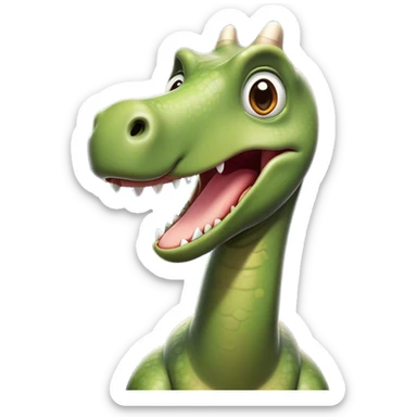 Cinematic Comical Brontosaurus Portrait Emoji, Head tilted dramatically with an exaggeratedly shocked expression, featuring a towering, robust body with a long, graceful neck and wide, comically expressive eyes full of playful disbelief, Simplified yet hilariously expressive features, highly detailed, glowing with a slightly sassy ancient glow, high shine, dramatic yet playful, stylized with an air of cheeky dinosaur mischief, soft glowing outline, capturing the essence of a meme-worthy Brontosaurus that looks ready to lumber its way into viral fame! sticker