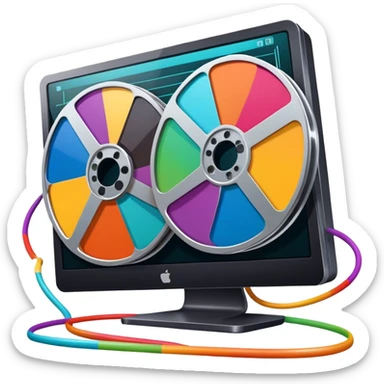 Create a vibrant and modern icon representing Animation and Motion Design, featuring elements like a film reel, a computer screen, and dynamic motion lines. The design should be visually engaging, colorful, and dynamic, without any emojis. The background must be transparent. sticker