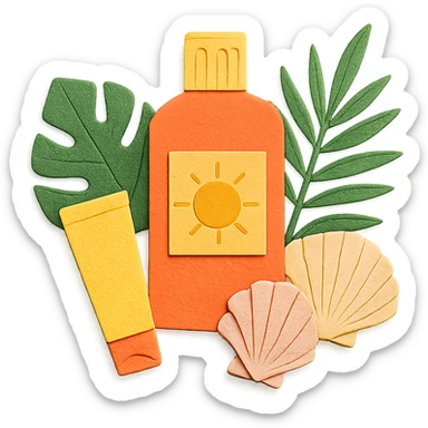 group of sunscreen bottles, shells, and tropical leaves, layered paper effect, paper-craft style sticker