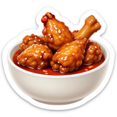 Korean Fried Chicken Cinematic Realistic Korean Fried Chicken Dish Emoji, depicted as bite-sized chicken chunks generously coated in a glossy, spicy sauce, in a bowl. sticker