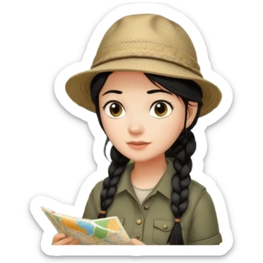 A braid black hair backpacking woman checking her map with curious eyes while wandering in the woods with camping hat sticker