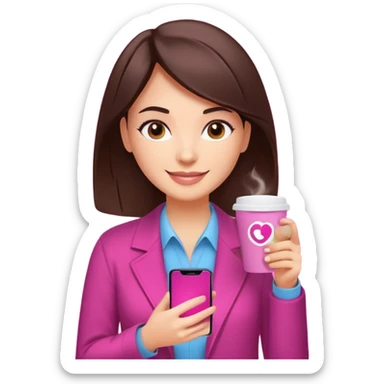 Social media manager. She has dark brown hair, brown eyes, a friendly smile. She is holding a smartphone and a coffee cup. Include subtle marketing elements like small icons of hashtags or a speech bubble, instagram logo. Use vibrant colors with a focus on pink and fuchsia tones. sticker