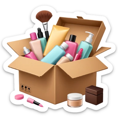 a cardboard box with assorted beauty products like compact, lotion, and nail polish spilling out with a purple background sticker