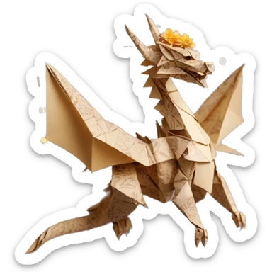 Sparkling patterned Beige Origami dragon with a dried flower crown made of newspapers intricate patterns surrounded by fairy lights sticker