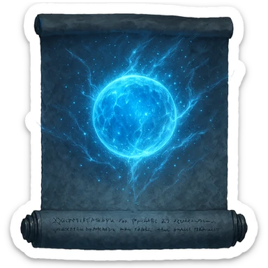 Place a glowing ice magic globe centered on the blank sorcery scroll, inspired by Elden Ring glintstone sorcery icons. The globe should radiate icy blue magical energy, frosty sparkles, and ethereal effects, blending with the scroll as if it were a spell illustration. Transparent background, 1080 x 1080. sticker