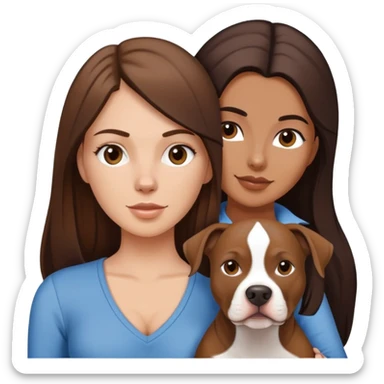 White girl with dark brown long hair with her pitbull dog brown and white sticker