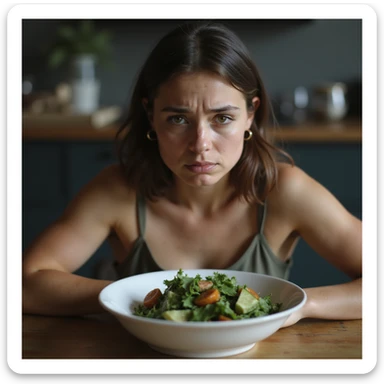 sad woman eating salad, sad expression, hyperrealism 4K, variation 10 sticker
