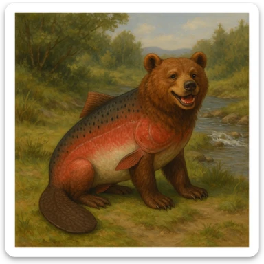 A bear with a salmon body and a beaver tail, smiling sticker