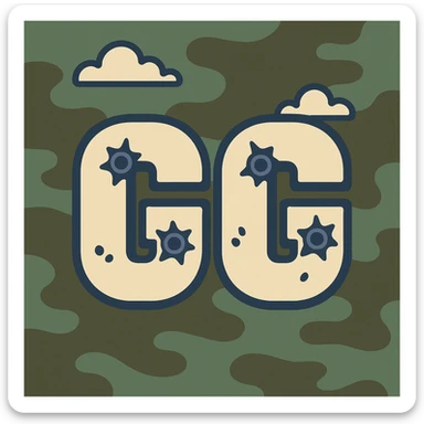 "GG" emote in Call of Duty style with metallic text, bullet holes, green and brown camo background, action-packed, for gamers sticker