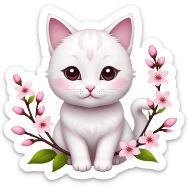 A cute  little  white cat and cherry blossom sticker