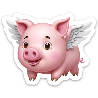 An emoji featuring a flying pink pig. An enlarged head in a cartoon style. Cute. White wings. The head is turned towards the viewer. 3D lighting. No shadows are cast. sticker