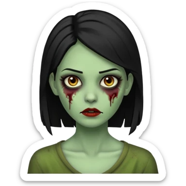 Faça uma zombie mulher bonita verde com olhos castanhos cabelos pretos partido ao meio liso, com estilo  sticker