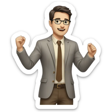 To belt Actively gesturing with hands Pale skinned fit man teacher with dark brown hair in gray jacket, beige office shirt, brown tie, brown pants and vintage glasses. sticker