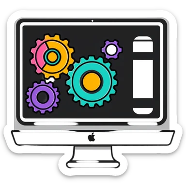 iMac computer with colorful gears on the screen sticker